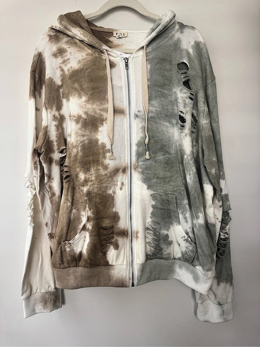 POL NWT Faded Floral Distressed Tie-Dye Hoodie in Green & Brown Size Large